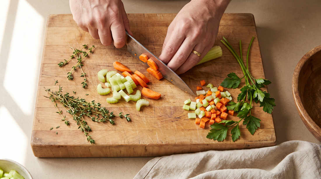 Hands slicing carrots on a thick end grain cutting board, seen from overhead in daylight