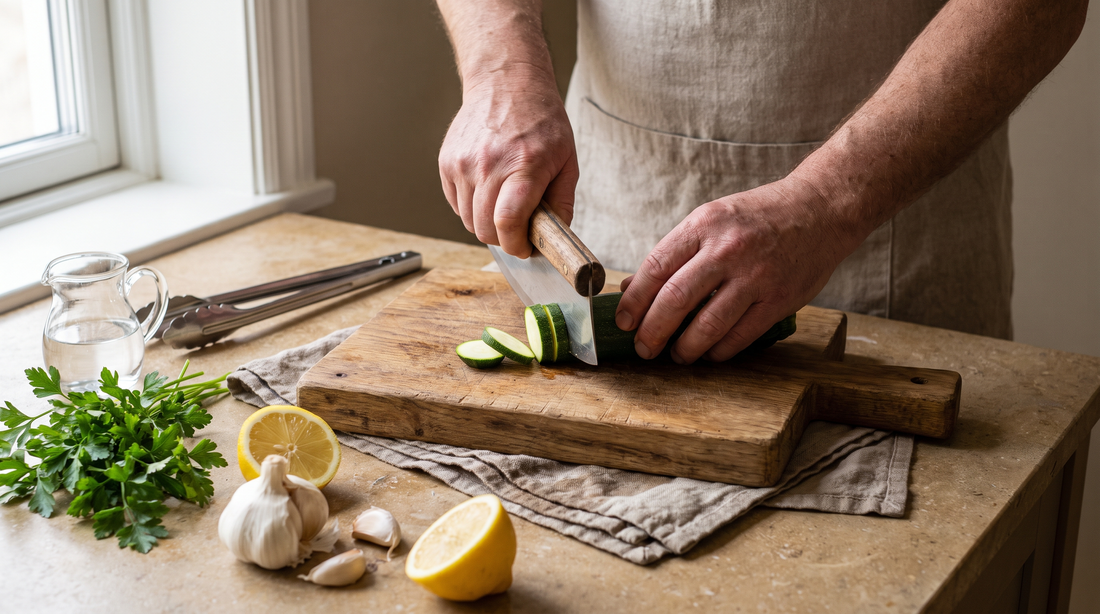Hands slicing zucchini one-handed on a board over a damp towel, a setup for limited hand strength
