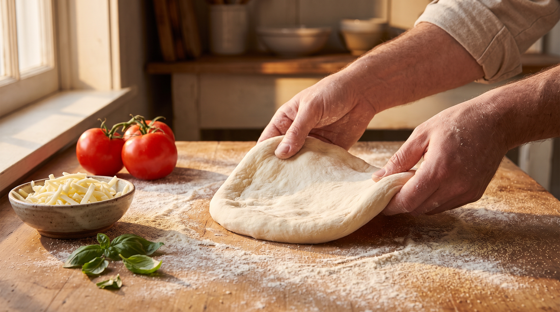 Hands stretching dough on a floured counter for pan pizza at home, with mozzarella and basil nearby