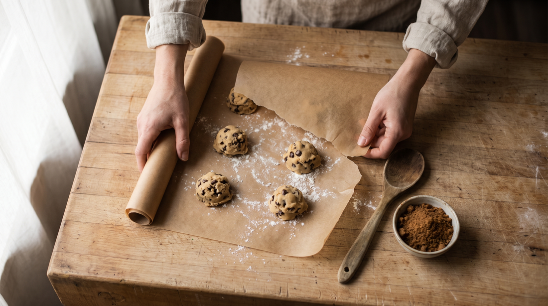 Hands tearing a sheet of silicone-coated parchment paper from the roll onto a butcher block counter