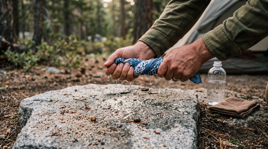 Hands wringing a bandana at camp, part of cleaning a titanium camping pot with no running water