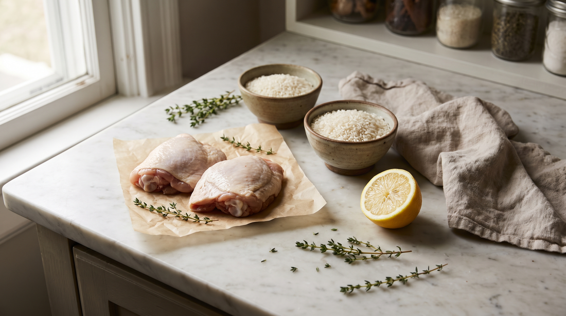 Ingredients portioned for two on a marble counter, planning cookware for cooking for two