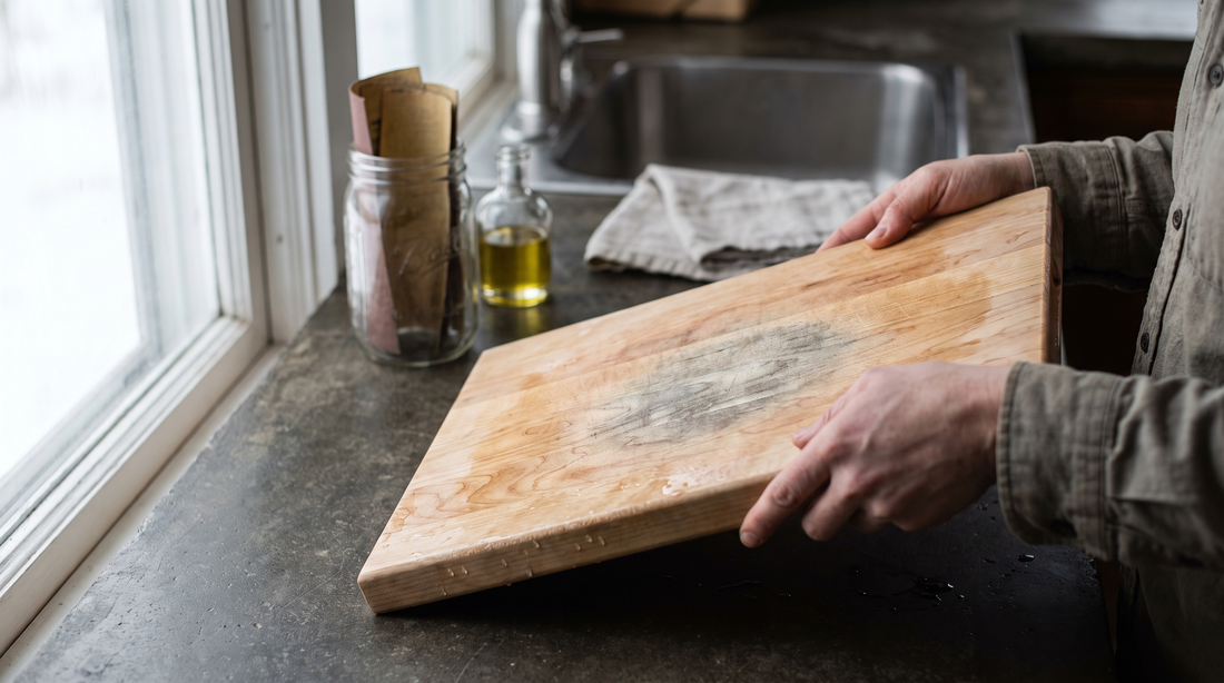 Hands tilting a maple board to the light to inspect mold on a wooden cutting board