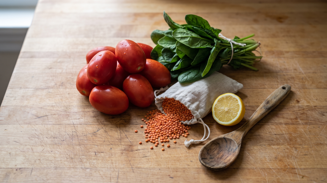 Tomatoes, spinach and lentils on wood, the foods behind does cast iron add iron to food