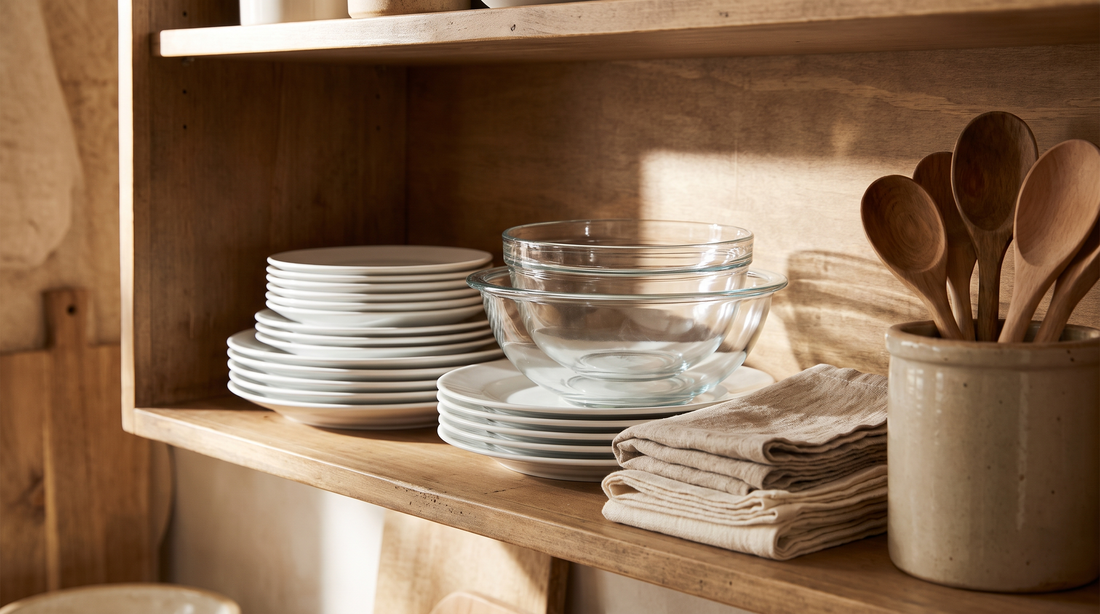 Open kitchen cabinet with plates and bowls, the storage side of cookware set vs individual pans