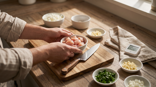 Prepped ingredients and a kitchen timer on a counter, staged for cooking two dishes with uneven burner heat