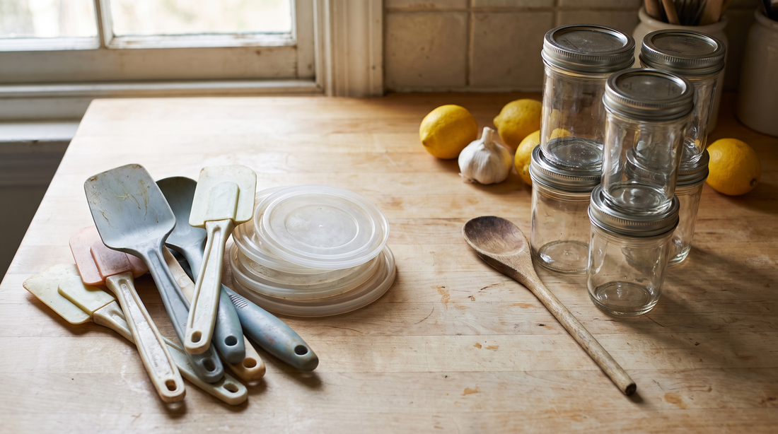 Kitchen counter sorted into old plastic tools and glass jars during a reset to reduce chemicals in cooking
