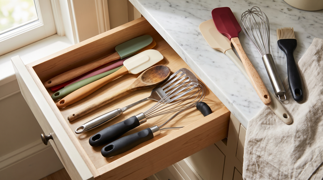 Kitchen utensils with silicone and plastic grips laid out to check for BPA in cookware handles