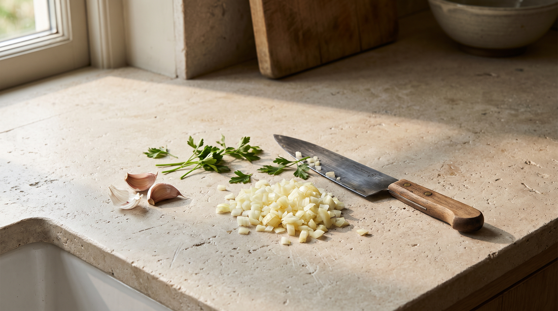 Chef's knife beside diced onion on stone, the kind of knife work that causes titanium cutting board scratches