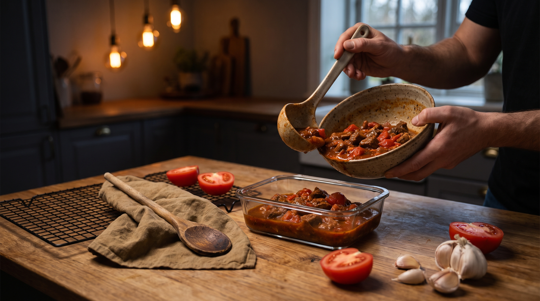 Hands ladling leftover stew into a shallow glass dish before storing leftovers overnight in the fridge
