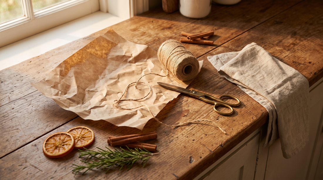 Kraft paper, twine and citrus laid out for last minute cookware gifts on a wood counter