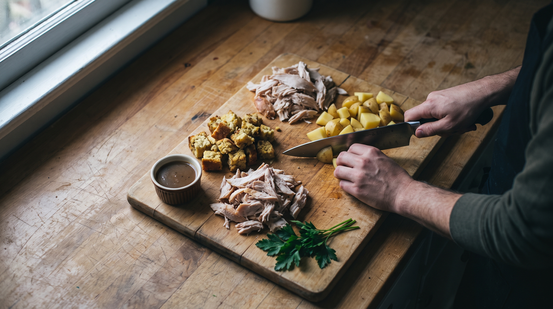 Diced leftover turkey, stuffing and potatoes on a wooden board, prepped for turkey and stuffing hash