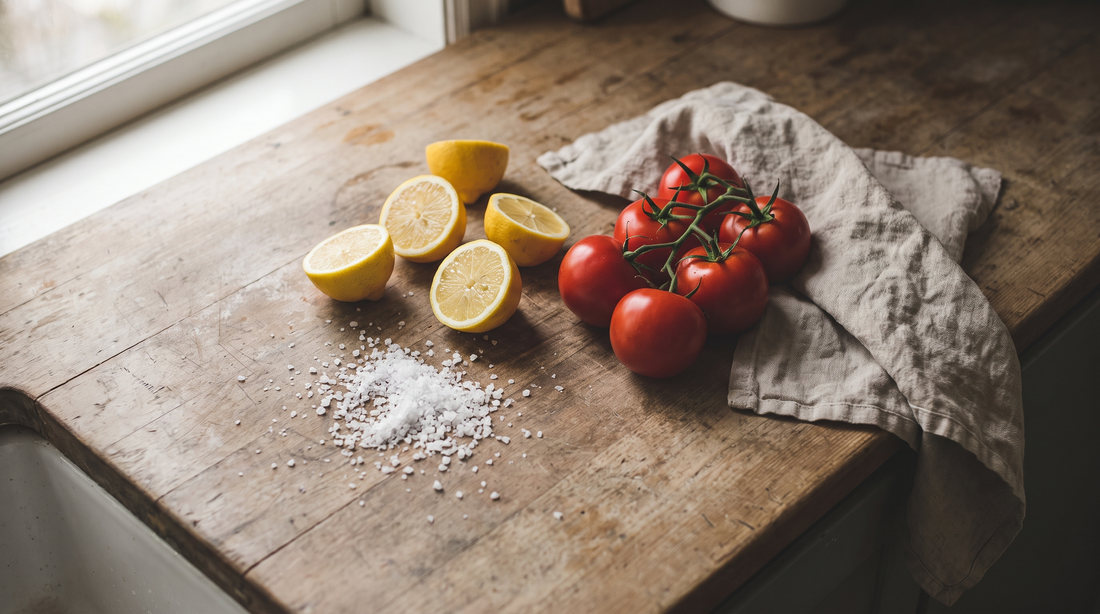 Halved lemons, tomatoes and sea salt on a counter, acidic foods a titanium oxide layer resists