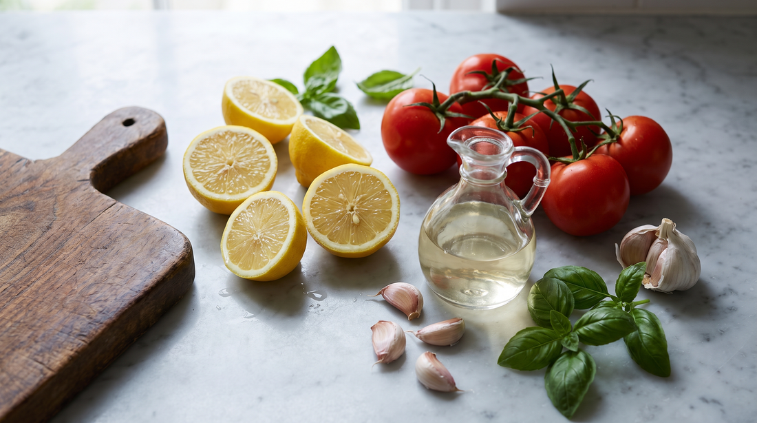 Lemons, vine tomatoes and vinegar on marble, the acidic foods cooks ask about with titanium pans