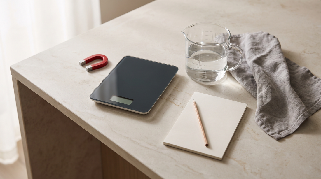 Magnet, kitchen scale and measuring jug on a counter, the tools behind a magnet test on a titanium pan