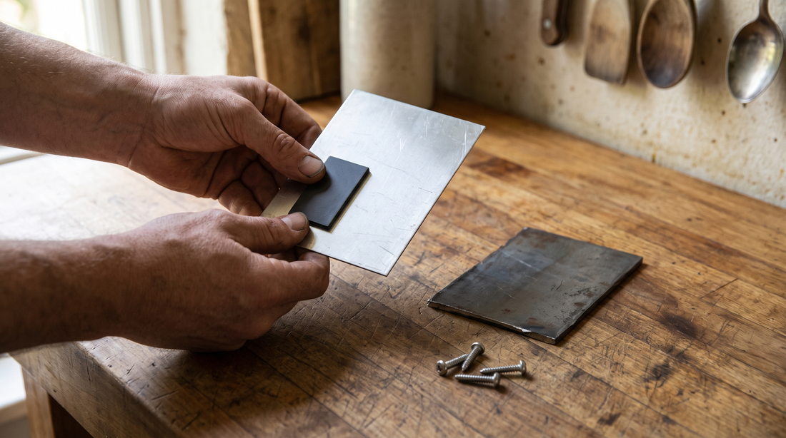 Hands holding a magnet against scrap metal, the sorting step when you dispose of old nonstick pans