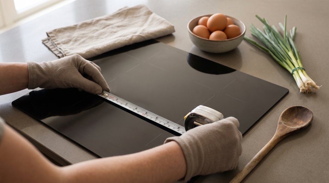 Hands measuring a glass cooktop with a tape measure to plan portable induction burner wattage and pan size