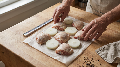 Hands spacing chicken thighs on parchment with a tape measure to plan usable cooking space