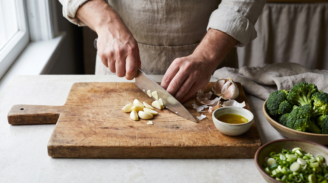 Hands mincing garlic beside cut vegetables, the prep step that helps keep minced garlic from burning