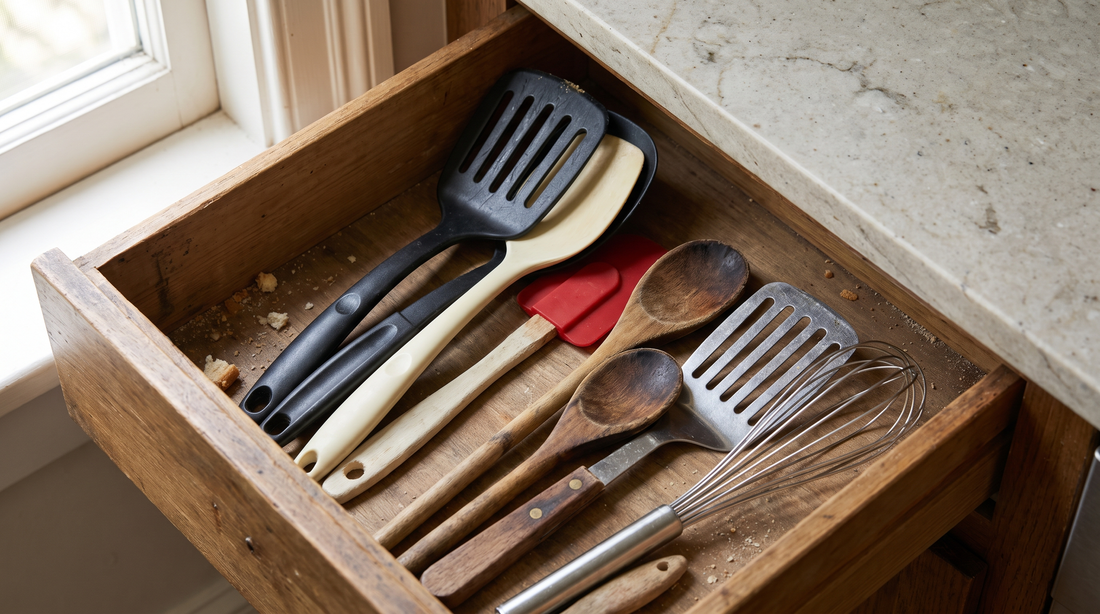 Open drawer of nylon kitchen utensils and wooden spoons, the kind with a melting point to watch