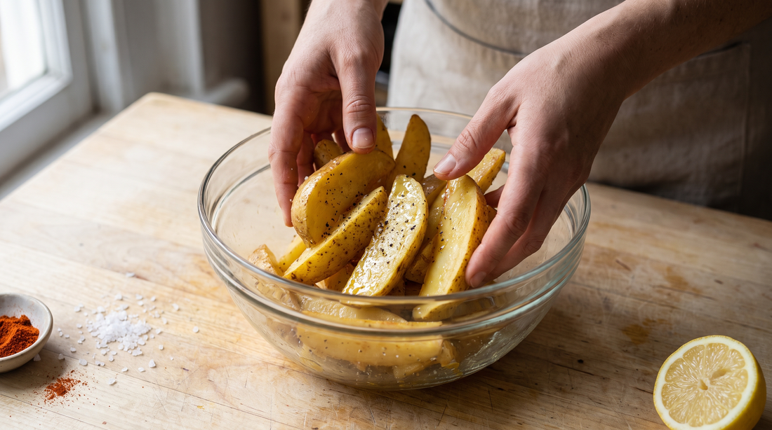 Hands tossing potato wedges in oil, the everyday cooking where PFAS in air fryer baskets matters