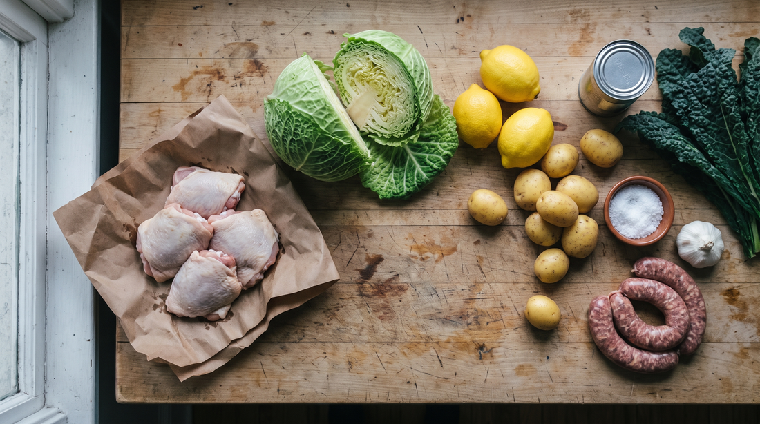 Ingredients for a one pan meal plan on a counter: chicken, cabbage, lemons, potatoes and greens