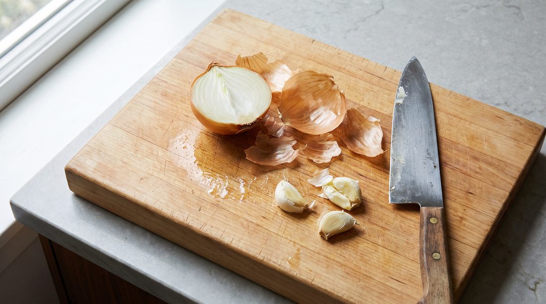 Halved onion and crushed garlic on a maple cutting board that holds onion smell in the grain