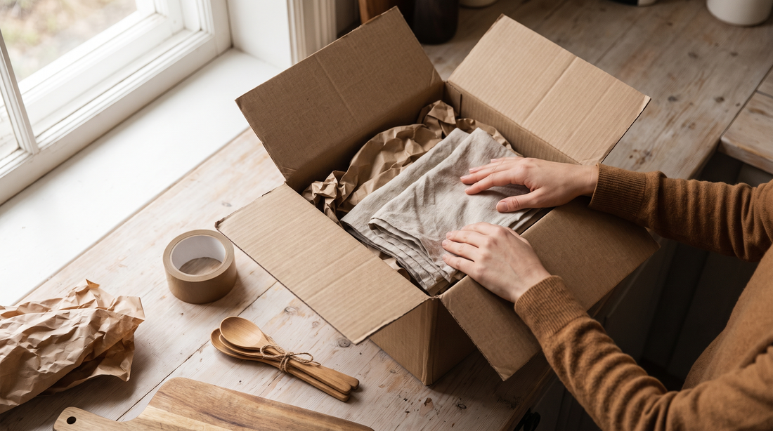 Hands packing dish towels and wooden tools into a box while moving abroad with cookware