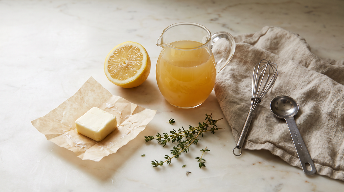 Stock, lemon and cold butter laid out to rescue a pan sauce reduced too far