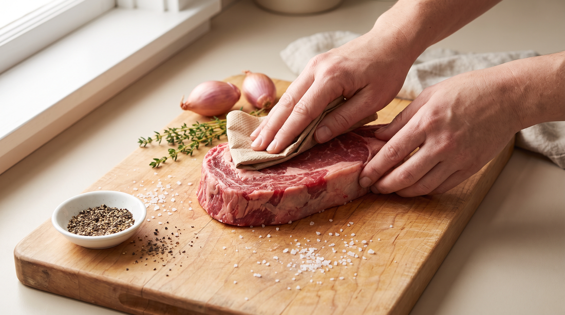 Hands patting a steak dry on a board, the prep step that creates fond in a titanium pan