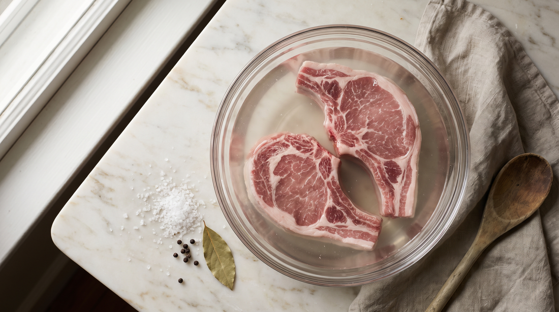 Thick bone-in pork chops soaking in a glass bowl of salt brine, the first step to juicy pork chops
