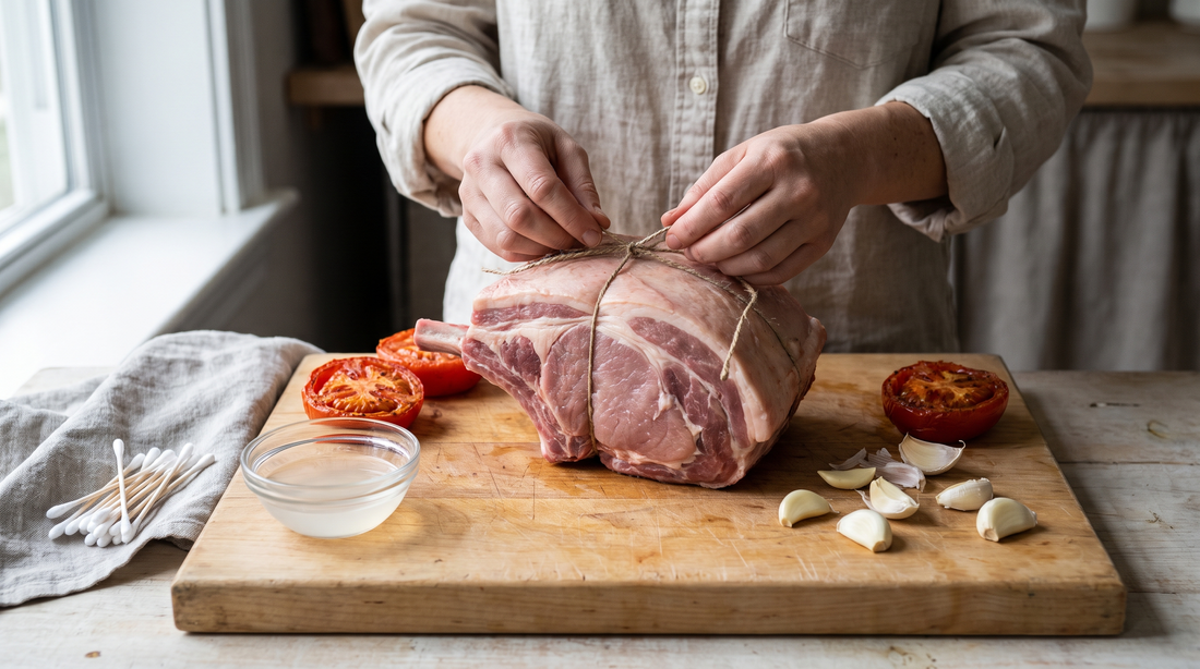 Hands prepping pork shoulder beside vinegar and cotton swabs used to check slow cooker inserts for lead