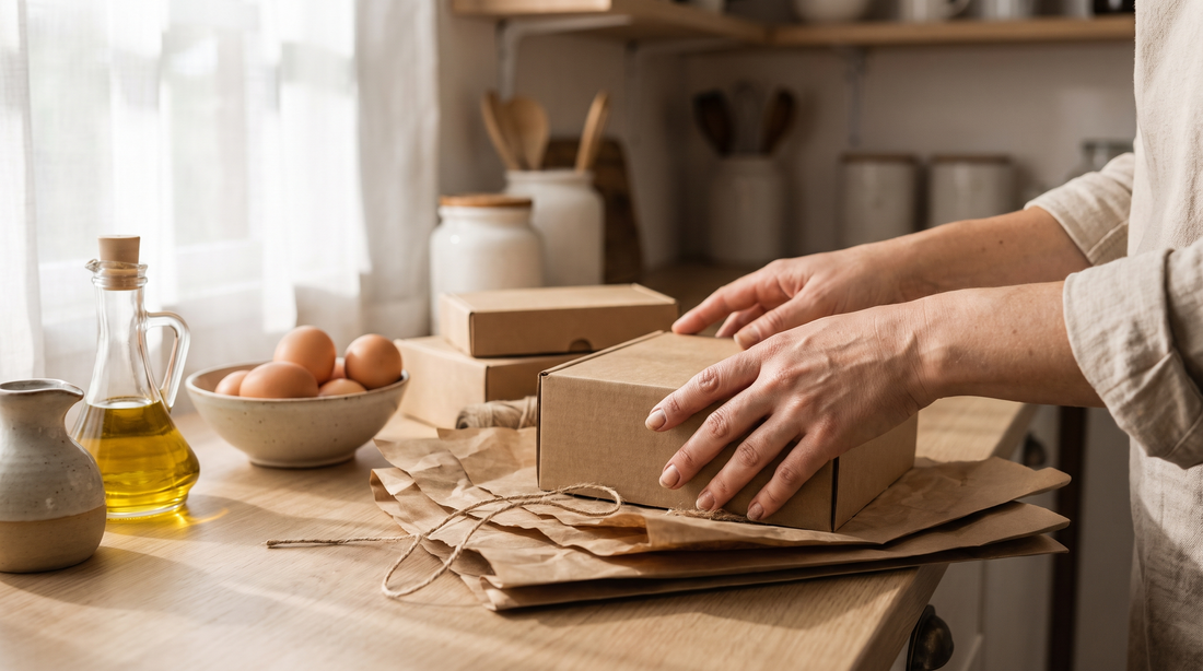 Hands sorting kitchen packaging while comparing PTFE free vs PFAS free cookware labels