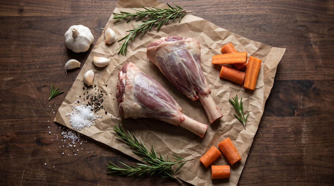 Raw lamb shanks with garlic, rosemary and carrots on butcher paper, prepped for braised lamb shanks