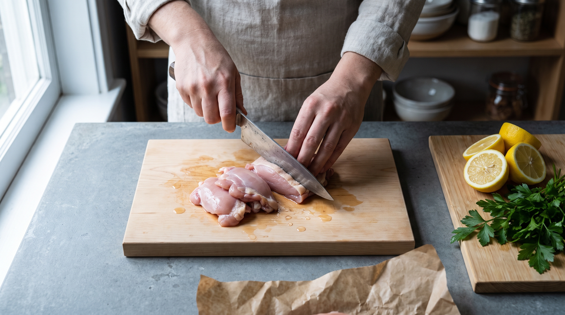 Hands cutting raw chicken on a non-porous cutting board for raw meat prep