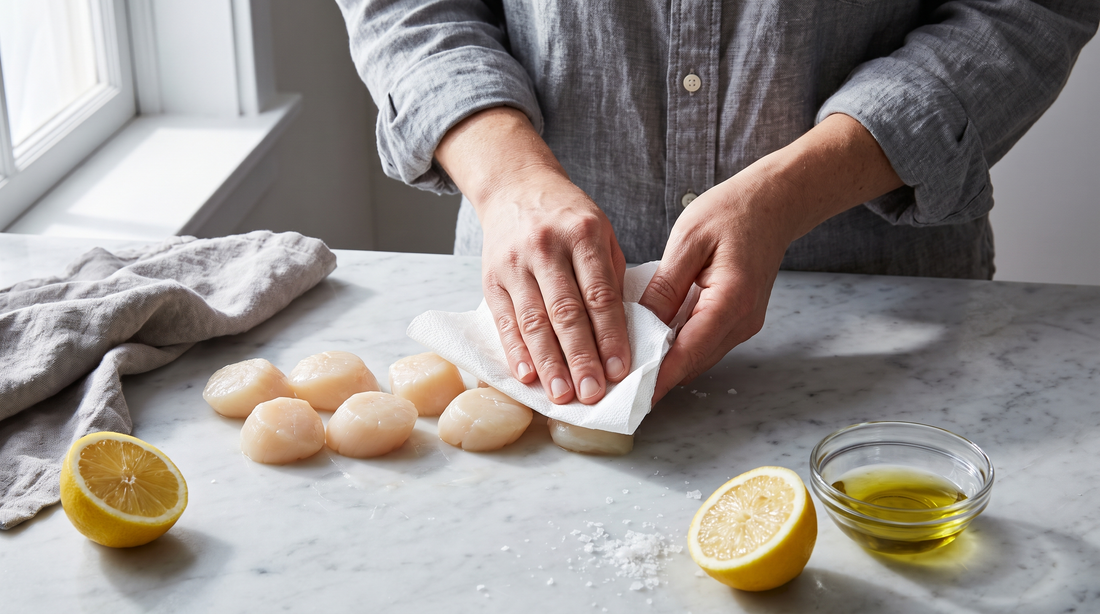 Hands patting raw scallops dry, the first step to pan seared scallops with no sticking