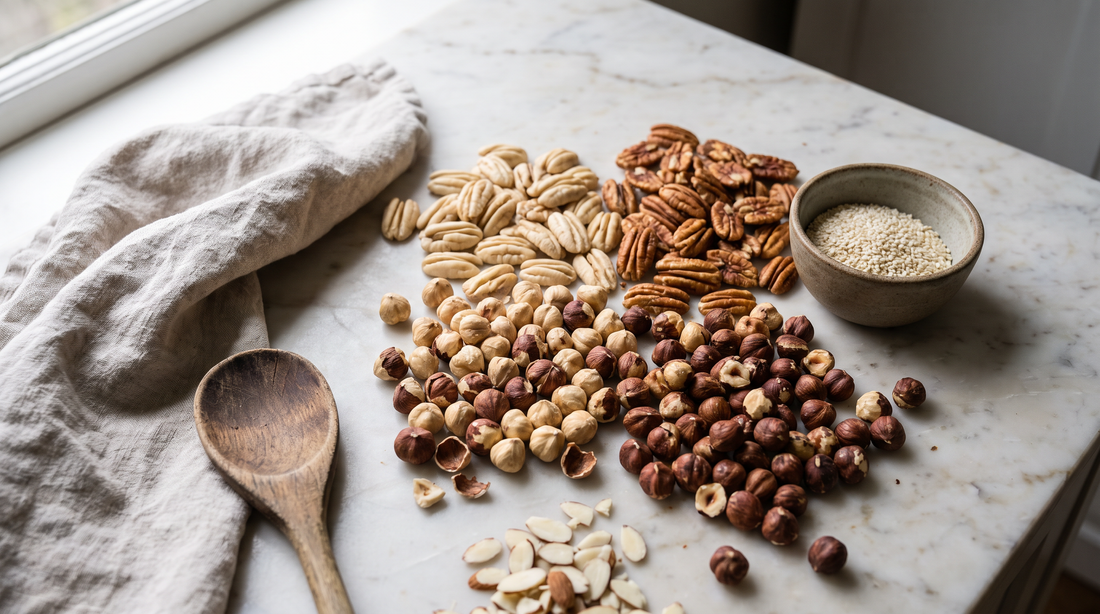 Raw and toasted nuts side by side on a counter, showing how to toast nuts evenly to golden