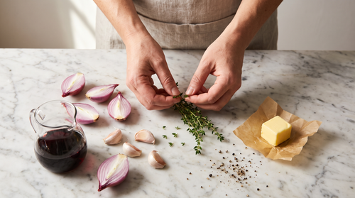 Shallots, thyme, red wine and butter prepped on a counter for reducing sauce in a wide or tall pot