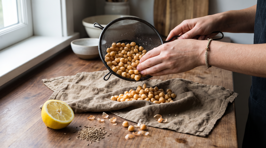 Hands tipping rinsed chickpeas onto a linen towel to dry before making crispy canned chickpeas