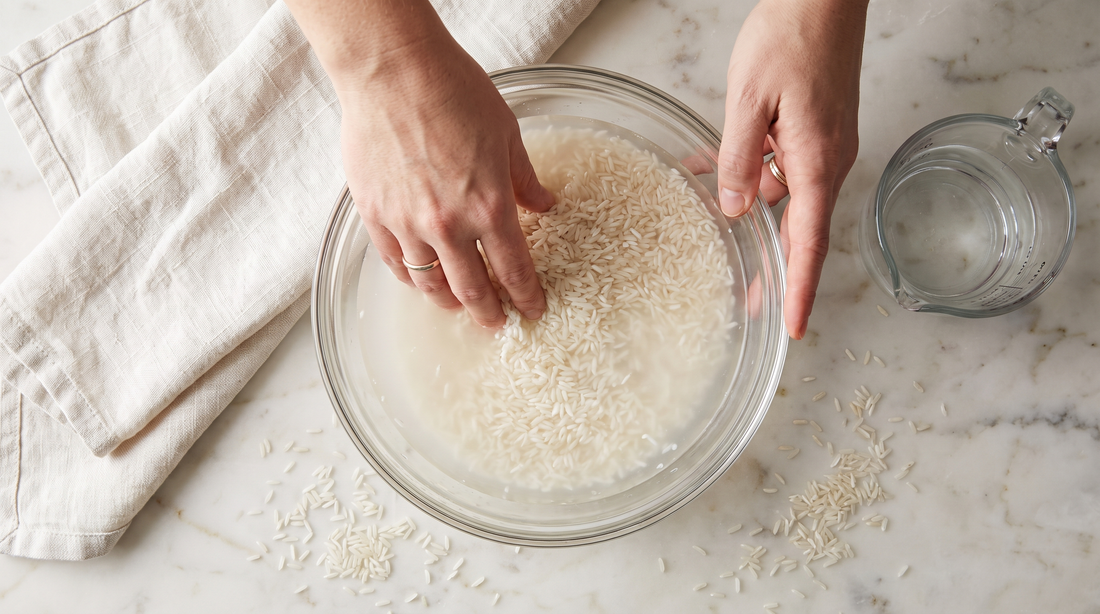 Hands rinsing basmati rice in cold water before cooking by the absorption method
