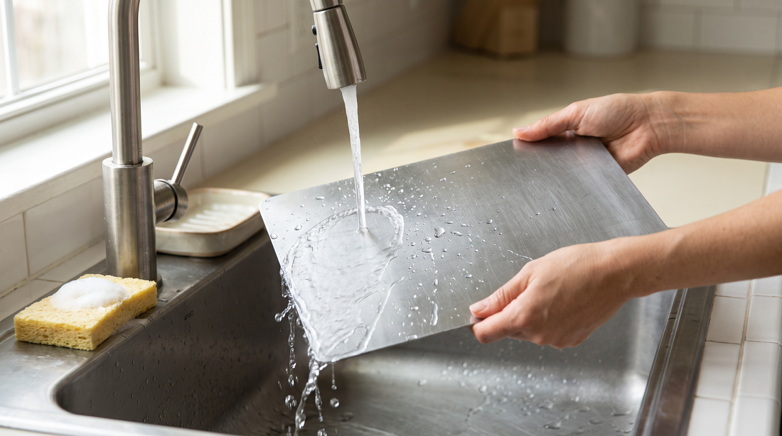 Hands rinsing a titanium cutting board under running water at a bright kitchen sink