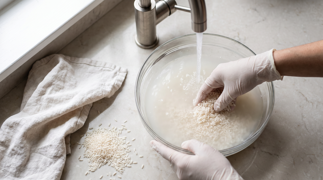 Hands rinsing white rice in a bowl, washing off the starch that later dries inside a pot