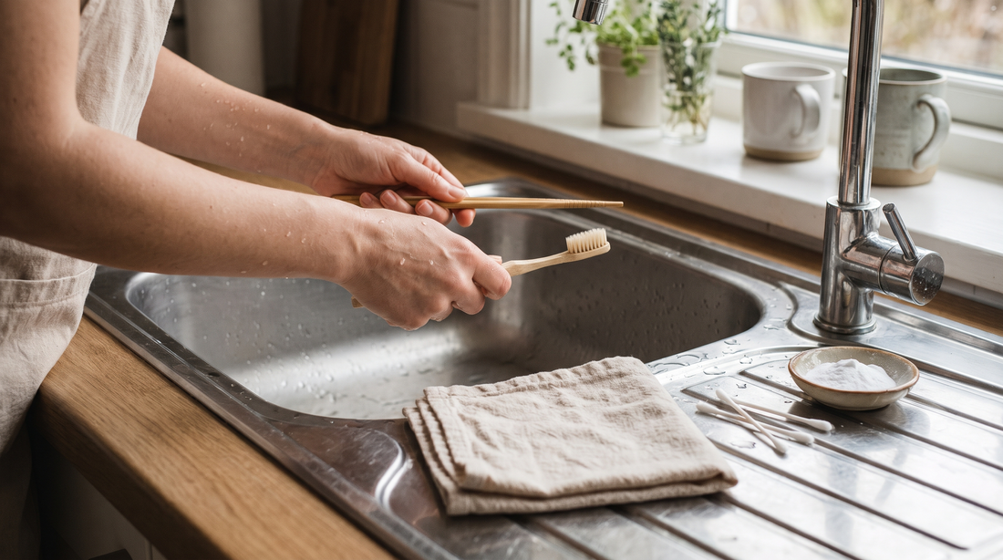 Hands holding a bamboo chopstick and soft toothbrush, tools to clean around rivets without scratching