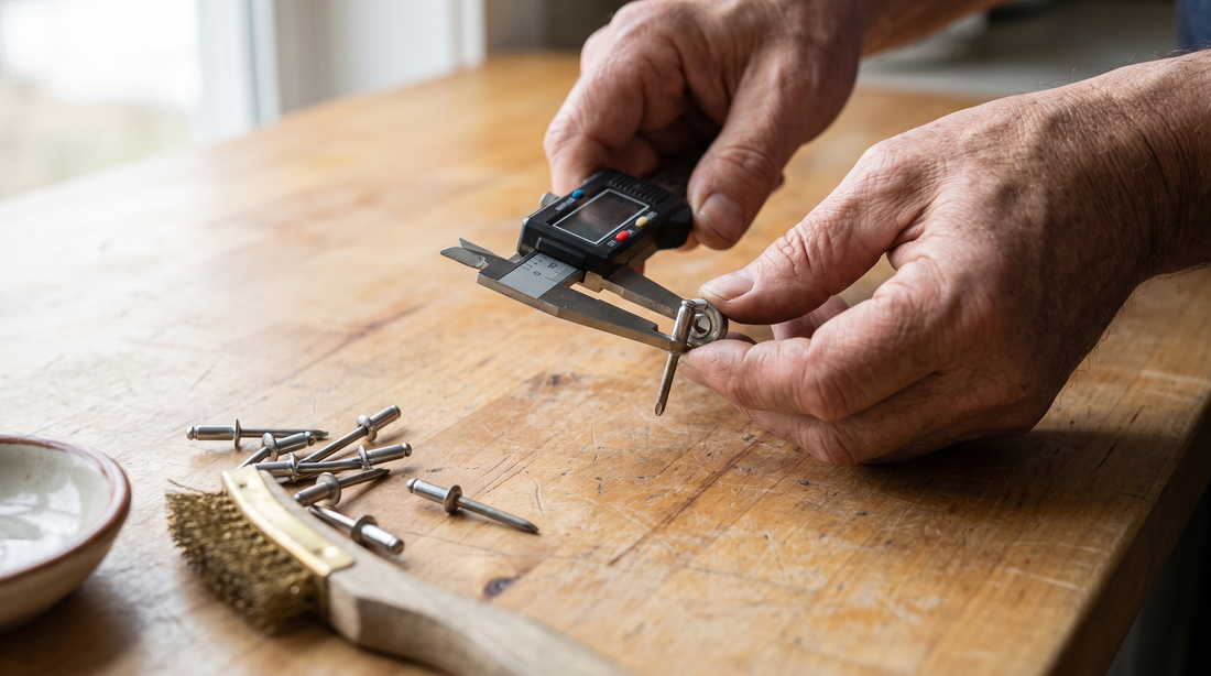 Hands measuring a small rivet with calipers, the hardware behind riveted vs welded pan handles