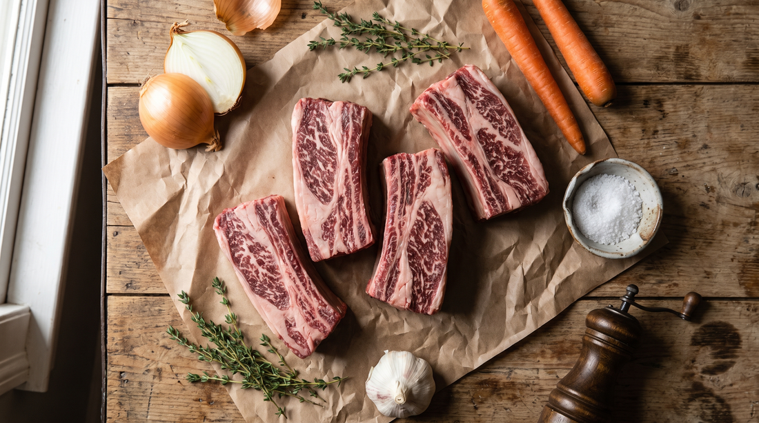 Bone-in beef short ribs, onion, carrots and thyme laid out for braising short ribs in a titanium pot