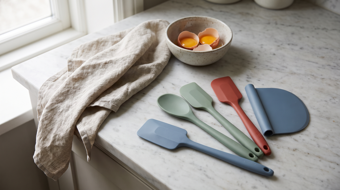 Silicone kitchen utensils fanned on a marble counter, the tools that carry a silicone utensil heat rating