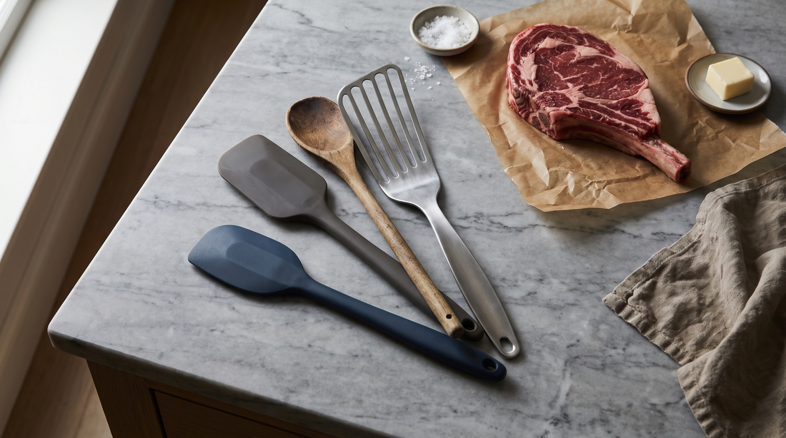 Silicone spatulas, a wooden spoon and a metal turner laid out beside raw steak and butter