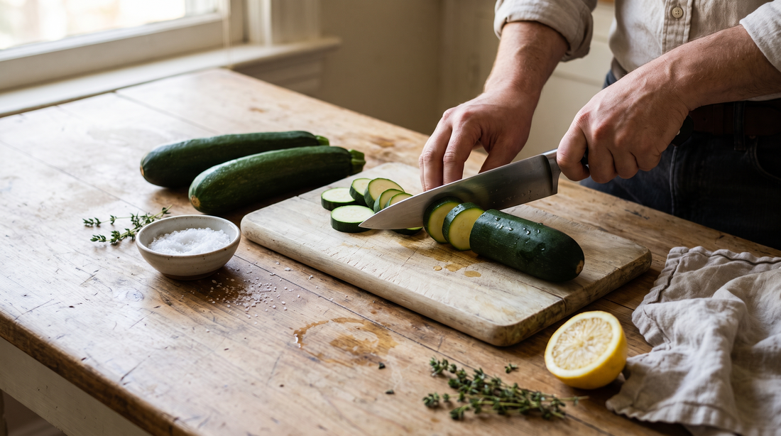 Hands slicing zucchini into thick planks on a wooden board, the first step to cooking zucchini golden