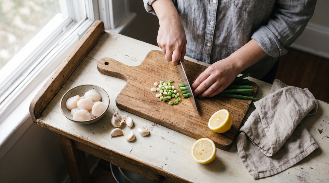 Hands prepping scallions, scallops and garlic on a small counter for single induction burner cooking