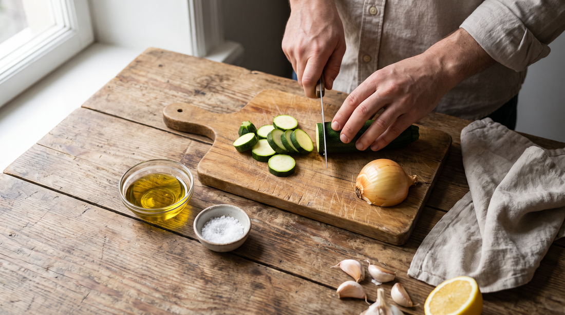 Hands slicing zucchini on a small apartment counter, prep space for portable electric hotplate cooking
